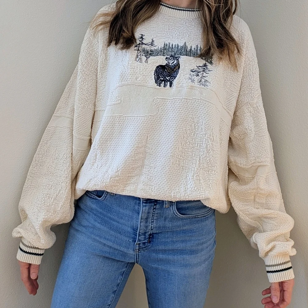Vintage Embroidered Wolf In Forest Chunky Textured Crewneck Sweater In Ivory